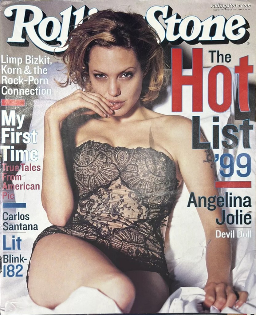 Angelina Jolie on the cover of Rolling Stone magazine from 1999, known for her wild bad girl image.