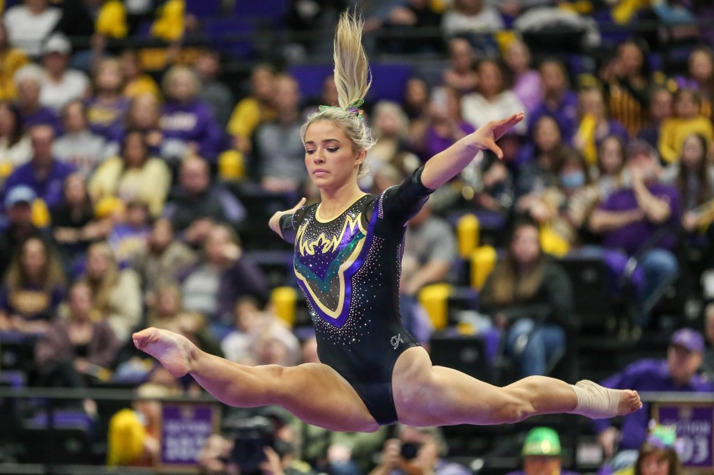 Olivia Dunne performs her floor routine during NCAA Gymnastics action between the Alabama Crimson Tide and the LSU Tigers at the Pete Maravich Assembly Center in Baton Rouge on February 18, 2022. 