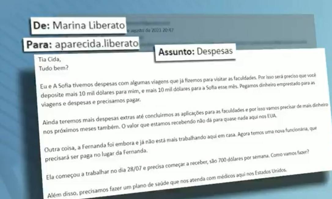 Email enviado pelas filhas de Gugu para a tia, Aparecida: irmãs gêmeas solicitam 10 mil dólares para despesas com faculdades Foto: Reprodução