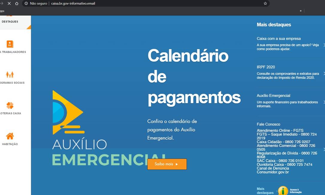 Site falso simulando a página da Caixa para capturar dados do auxílio emergencial Foto: Reprodução