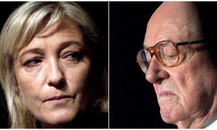 Montagem coloca lado a lado pai e filha: Marine Le Pen, atual líder da extrema-direita francesa,e Jean-Marie Le Pen, seu pai e fundador da Frente Nacional Foto: AFP
