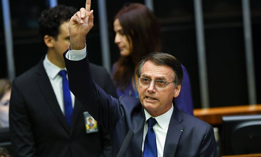 O presidente Jair Bolsonaro discursa ao tomar posse no Congresso Foto: Nelson Almeida / AFP