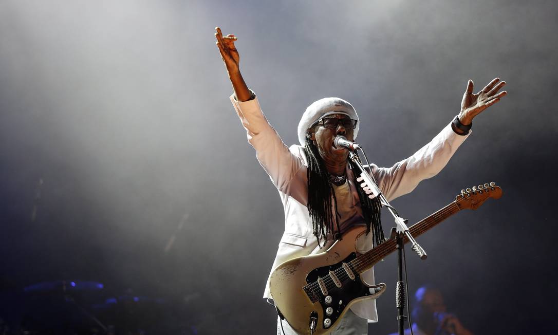 Nile Rodgers no palco do Rock in Rio, em 2017 Foto: Bárbara Lopes / O Globo