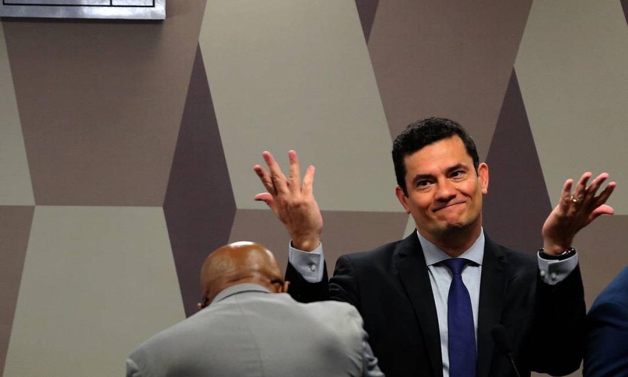 Sergio Moro em audiência na Comissão de Constituição e Justiça do Senado, onde afirmou não ter mais registro das mensagens com Dallagnol em seu celular Foto: Jorge William / Agência O Globo - 19/06/2019