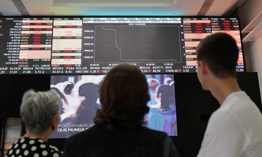 Operadores na Bolsa brasileira após os negócios terem sido suspensos, por ter havido queda do índice superior a 10% na última semana REUTERS/Amanda Perobelli Foto: AMANDA PEROBELLI / REUTERS