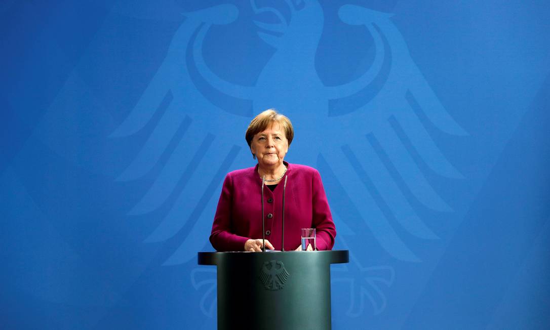 Em Berlim, a chanceler Angela Merkel participa de entrevista coletiva sobre a contenção do novo coronavírus Foto: POOL New / REUTERS/09-04-2020