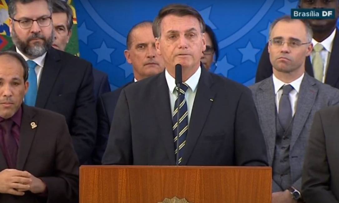 O presidente Jair Bolsonaro durante pronunciamento sobre demissão de Sergio Moro Foto: Reprodução 