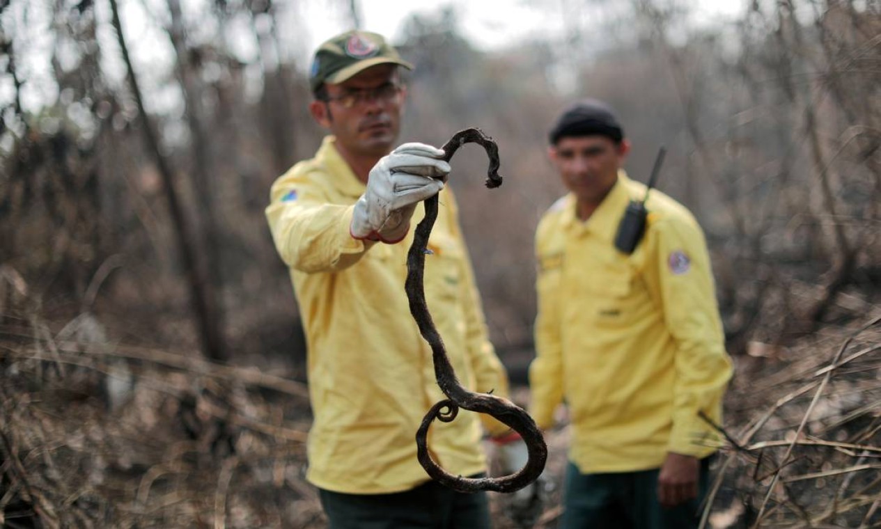 Membro da brigada de incêndio do Instituto Brasileiro do Meio Ambiente e dos Recursos Naturais Renováveis (Ibama) tenta controlar um incêndio, em uma área da floresta amazônica, em Apuí, no Amazonas Foto: UESLEI MARCELINO / REUTERS