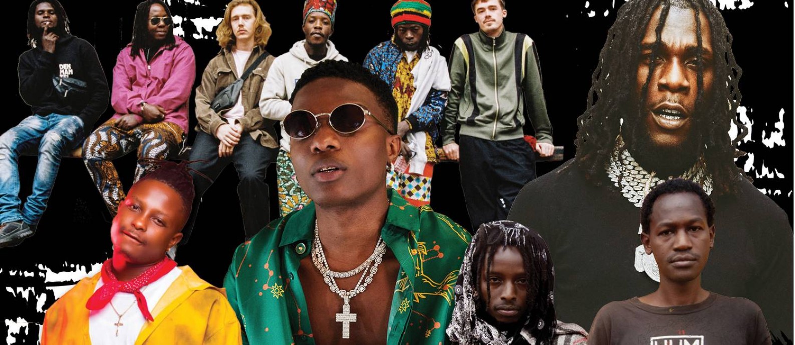 Em sentido horário, do alto, à esquerda: o grupo anglo-ugandense Nihiloxica, o nigeriano Burna Boy, o duo queniano Duma, o nigeriano WizKid e o ganense Kelvyn Boy Foto: Montagem de fotos de divulgação