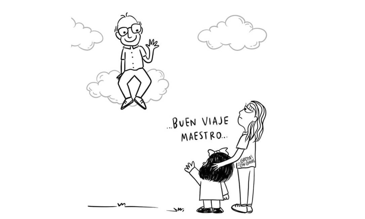 "Boa viagem, mestre", despede-se Mafalda na tirinha da colombiana Angie Mansur, criadora da tirinha Gretta Con Ganas Foto: Reprodução / Instagram