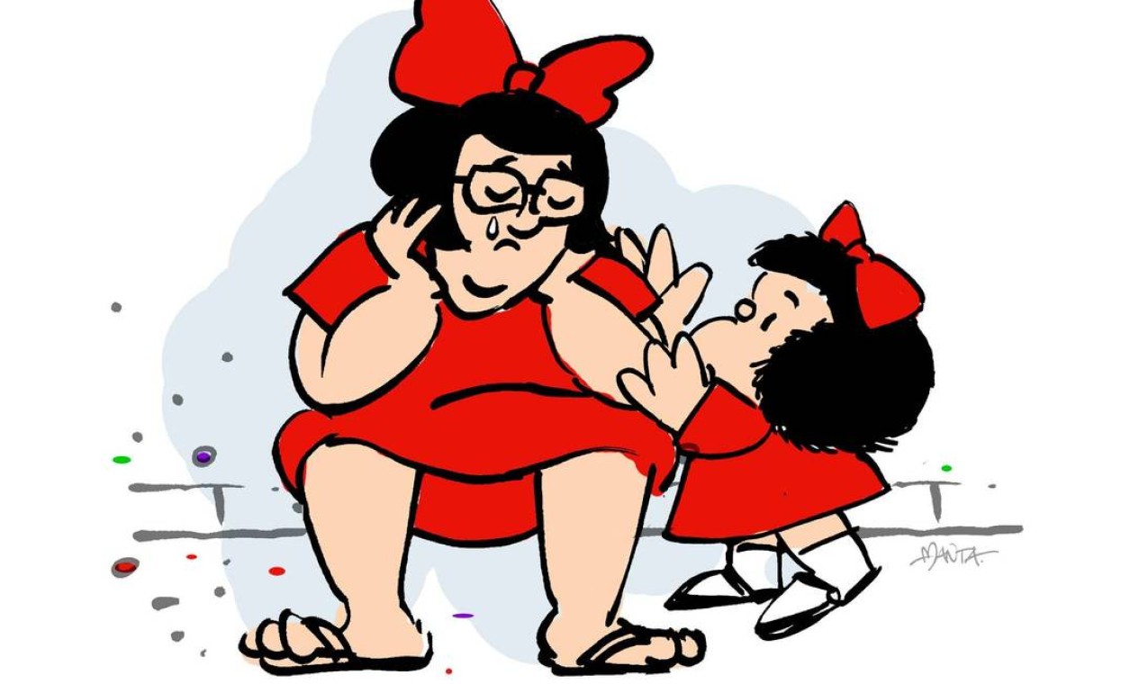 O vereador do Rio Tarcísio Motta lamentou a morte do cartunista argentino em desenho que ele mesmo aparece vestido de Mafalda, como costuma sempre se fantasiar no carnaval Foto: Reprodução / Instagram
