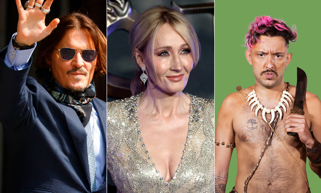 Enquanto Johnny Depp (de azul) e o rapper Hot foram 'cancelados' após denúncias de agressão, J.K. Rowling é acusada de transfobia Foto: AFP / Reuters / Divulgação