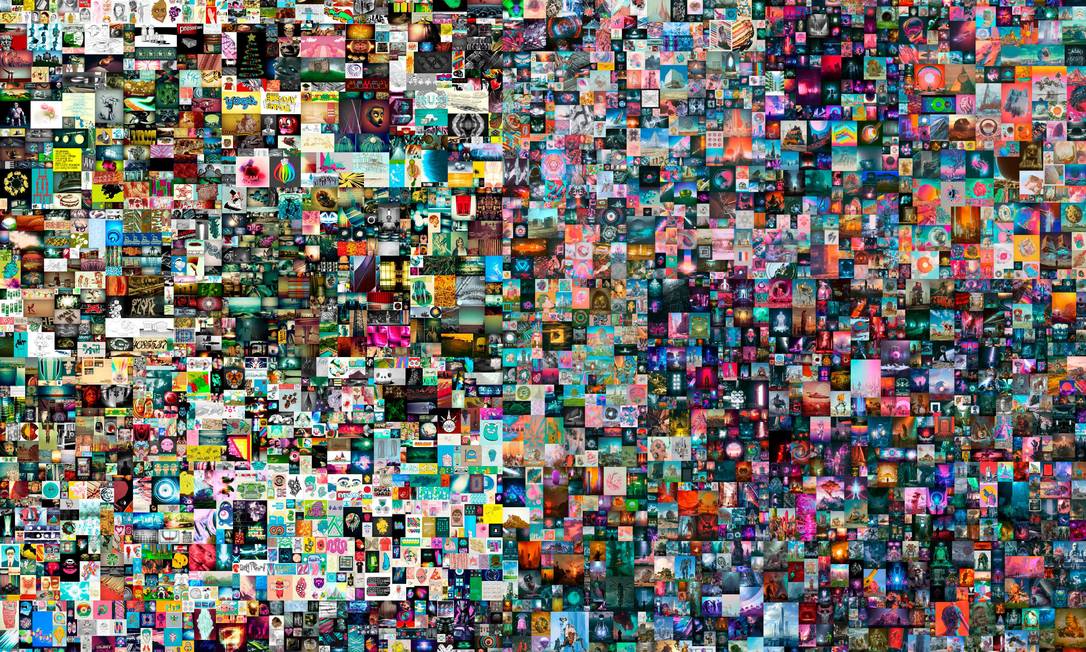 Visão geral da colagem 'Everydays: The first 5,000 days', composta por 5 mil desenhos e animações do americano Beeple Foto: HANDOUT / AFP