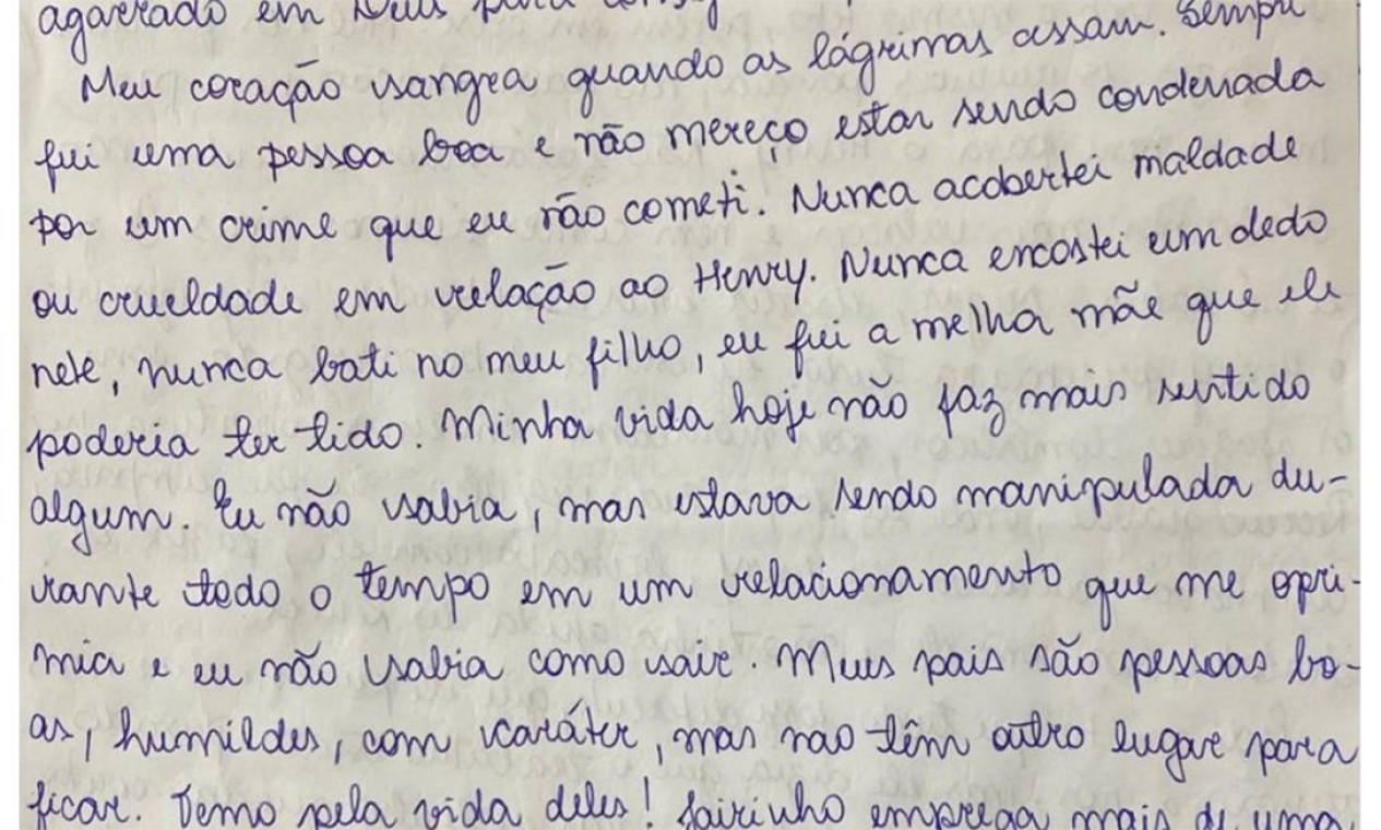 Carta foi escrita na última sexta-feira (23), no Hospital Penitenciário Hamilton Agostinho, no Complexo Penitenciário de Gericinó, onde recebe tratamento contra a Covid-19. A professora descreve uma rotina de violências, humilhações e crises de ciúmes do namorado, o médico e vereador Jairo Souza Santos Júnior, o Dr. Jairinho (sem partido) Foto: Reprodução