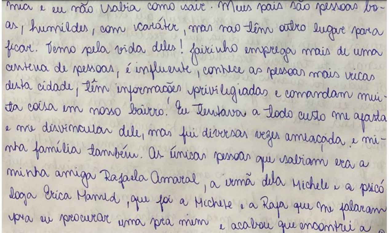 Carta foi escrita na última sexta-feira (23), no Hospital Penitenciário Hamilton Agostinho, no Complexo Penitenciário de Gericinó, onde recebe tratamento contra a Covid-19. A professora descreve uma rotina de violências, humilhações e crises de ciúmes do namorado, o médico e vereador Jairo Souza Santos Júnior, o Dr. Jairinho (sem partido) Foto: Reprodução