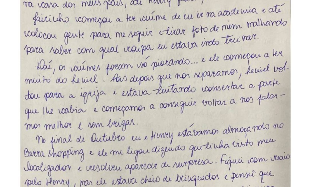 Carta foi escrita na última sexta-feira (23), no Hospital Penitenciário Hamilton Agostinho, no Complexo Penitenciário de Gericinó, onde recebe tratamento contra a Covid-19. A professora descreve uma rotina de violências, humilhações e crises de ciúmes do namorado, o médico e vereador Jairo Souza Santos Júnior, o Dr. Jairinho (sem partido) Foto: Reprodução