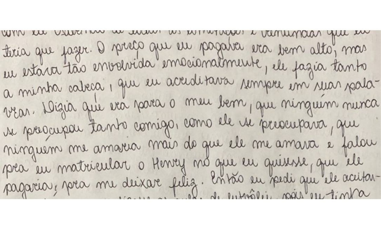 Carta foi escrita na última sexta-feira (23), no Hospital Penitenciário Hamilton Agostinho, no Complexo Penitenciário de Gericinó, onde recebe tratamento contra a Covid-19. A professora descreve uma rotina de violências, humilhações e crises de ciúmes do namorado, o médico e vereador Jairo Souza Santos Júnior, o Dr. Jairinho (sem partido) Foto: Reprodução