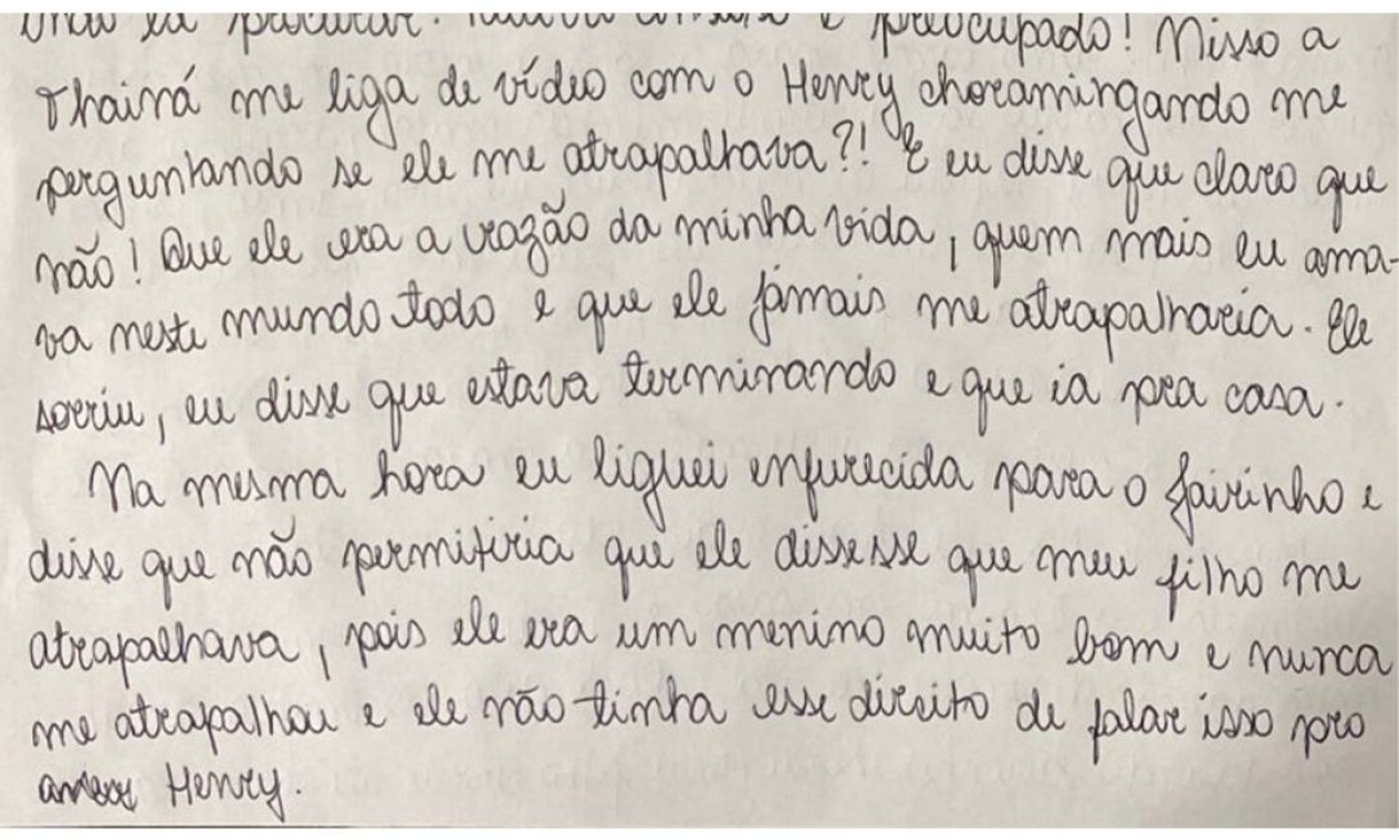 Carta foi escrita na última sexta-feira (23), no Hospital Penitenciário Hamilton Agostinho, no Complexo Penitenciário de Gericinó, onde recebe tratamento contra a Covid-19. A professora descreve uma rotina de violências, humilhações e crises de ciúmes do namorado, o médico e vereador Jairo Souza Santos Júnior, o Dr. Jairinho (sem partido) Foto: Reprodução