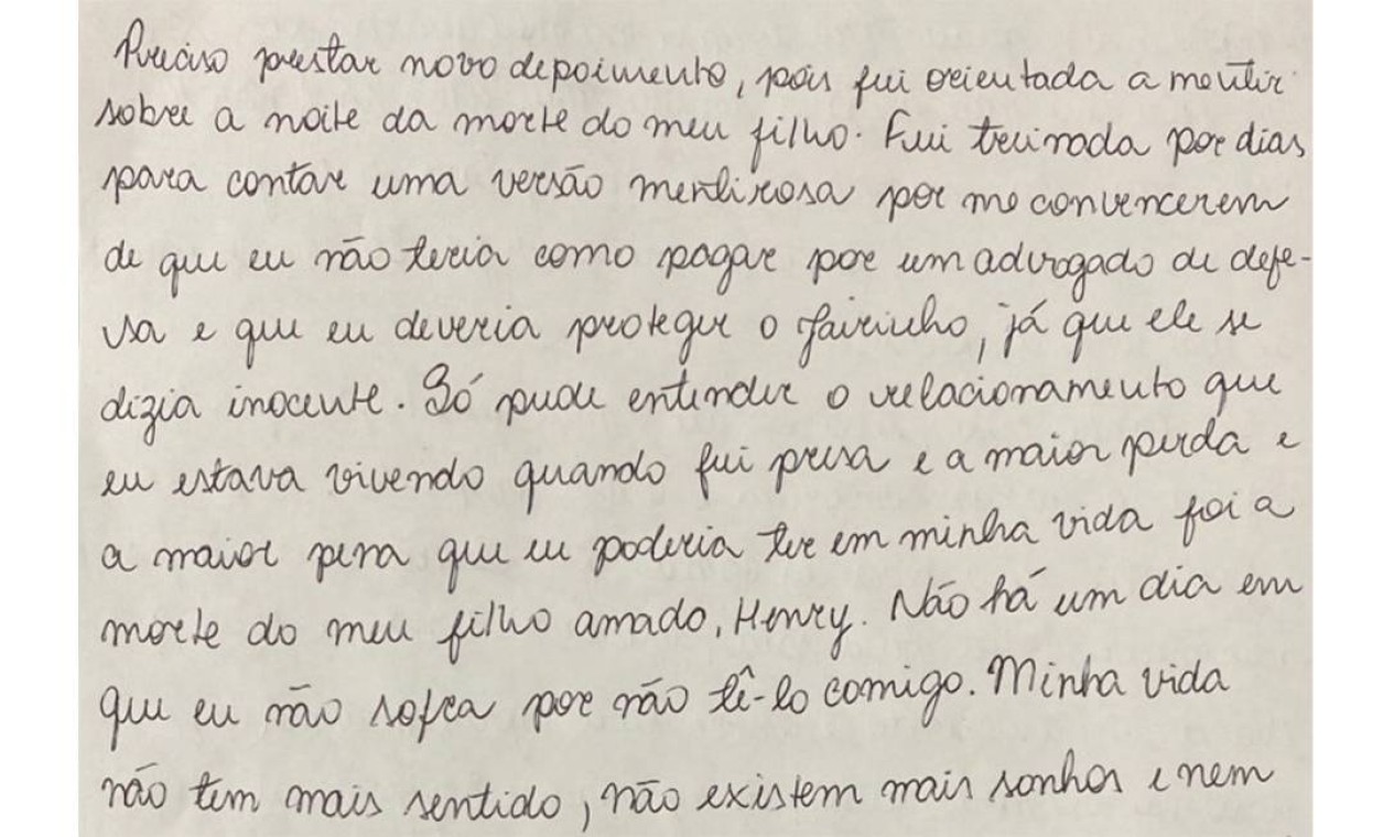 Carta foi escrita na última sexta-feira (23), no Hospital Penitenciário Hamilton Agostinho, no Complexo Penitenciário de Gericinó, onde recebe tratamento contra a Covid-19. A professora descreve uma rotina de violências, humilhações e crises de ciúmes do namorado, o médico e vereador Jairo Souza Santos Júnior, o Dr. Jairinho (sem partido) Foto: Reprodução