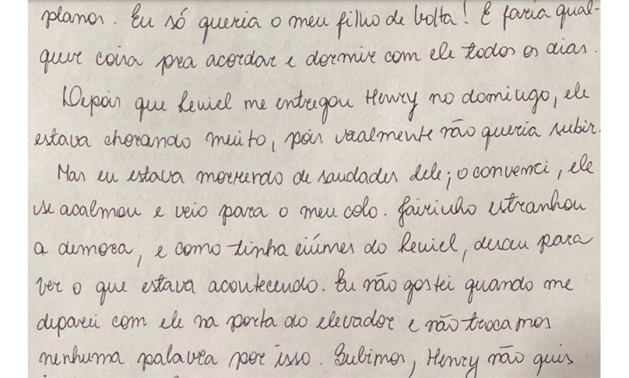 Carta foi escrita na última sexta-feira (23), no Hospital Penitenciário Hamilton Agostinho, no Complexo Penitenciário de Gericinó, onde recebe tratamento contra a Covid-19. A professora descreve uma rotina de violências, humilhações e crises de ciúmes do namorado, o médico e vereador Jairo Souza Santos Júnior, o Dr. Jairinho (sem partido) Foto: Reprodução