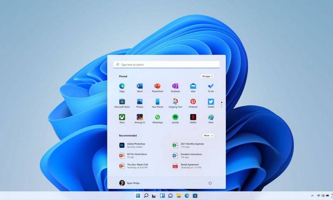 O novo menu Iniciar do Windows 11 Foto: Divulgação