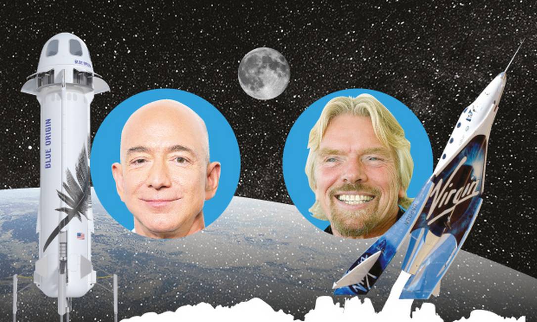 Os bilionários Jeff Bezos e Richard Branson, protagonistas da atual corrida espacial Foto: Editora de Arte / O GLOBO