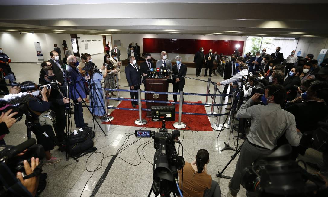 Jornalistas cobrem a primeira reunião da CPI da Covid no Senado Federal Foto: Pablo Jacob / Agência P GLOBO