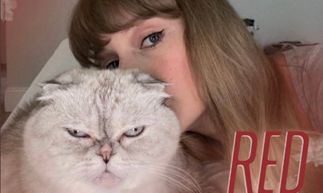 Taylor Swift postou foto com filtro da nova versão de Red ao lado da gata Olivia Benson Foto: Divulgação