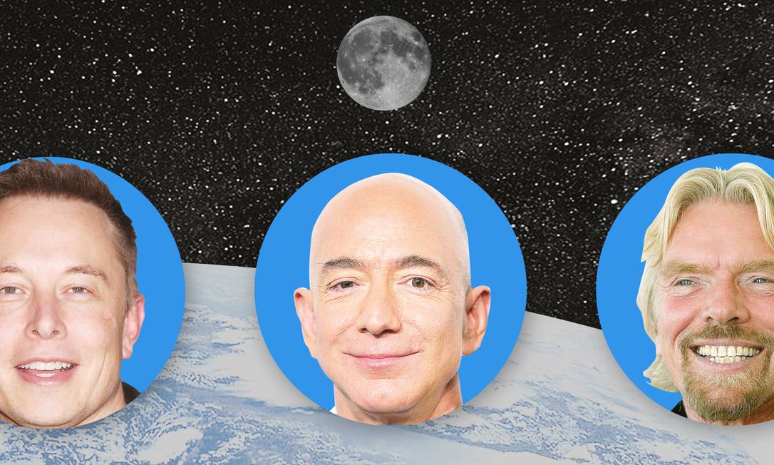 Os bilionários Elon Musk, Jeff Bezos e Richard Branson disputam uma corrida espacial Foto: Arte