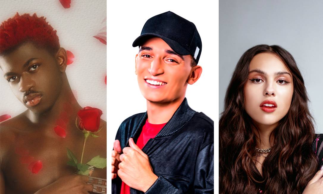 O rapper Lil Nas X, o cantor João Gomes e a cantora Olivia Rodrigo Foto: Colagem de fotos de divulgação