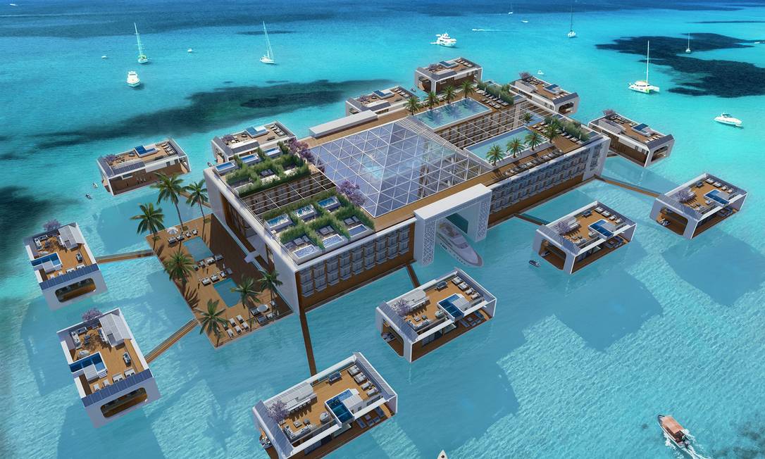 Com 156 quartos e 12 villas independentes, o Kempinski Floating Palace será um resort de luxo flutuante em Dubai Foto: Reprodução