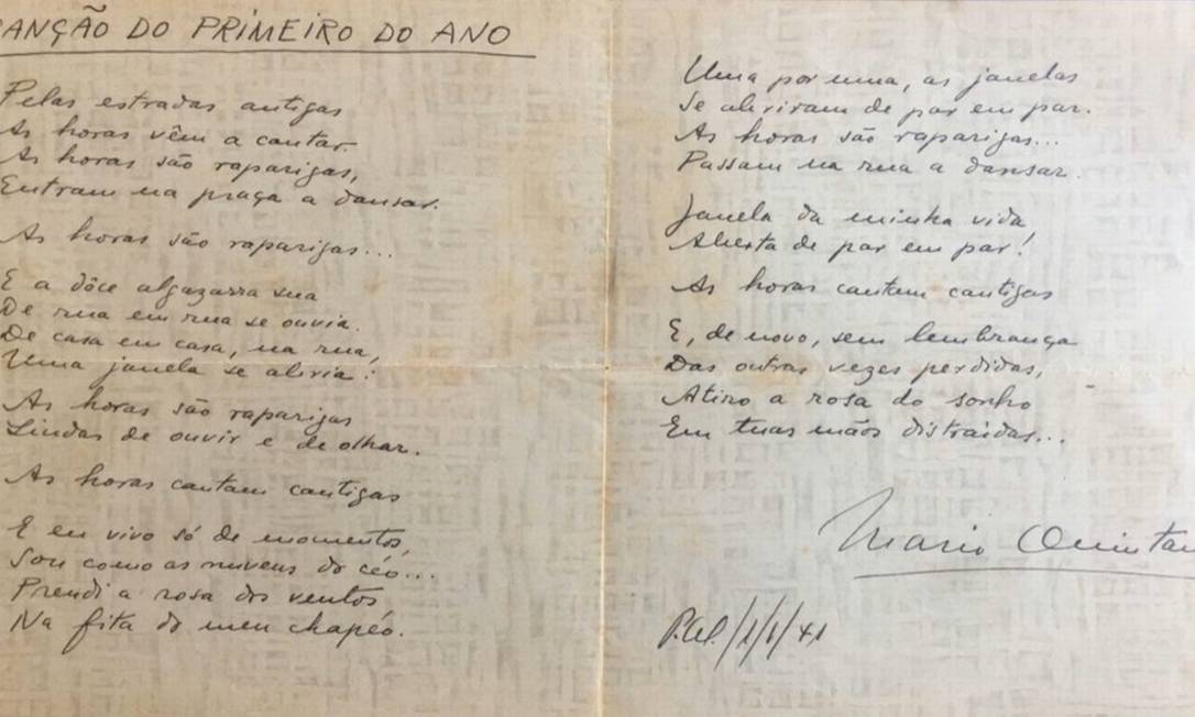 Manuscrito do poema "Canção do primeiro do ano", de Mario Quintana Foto: Reprodução