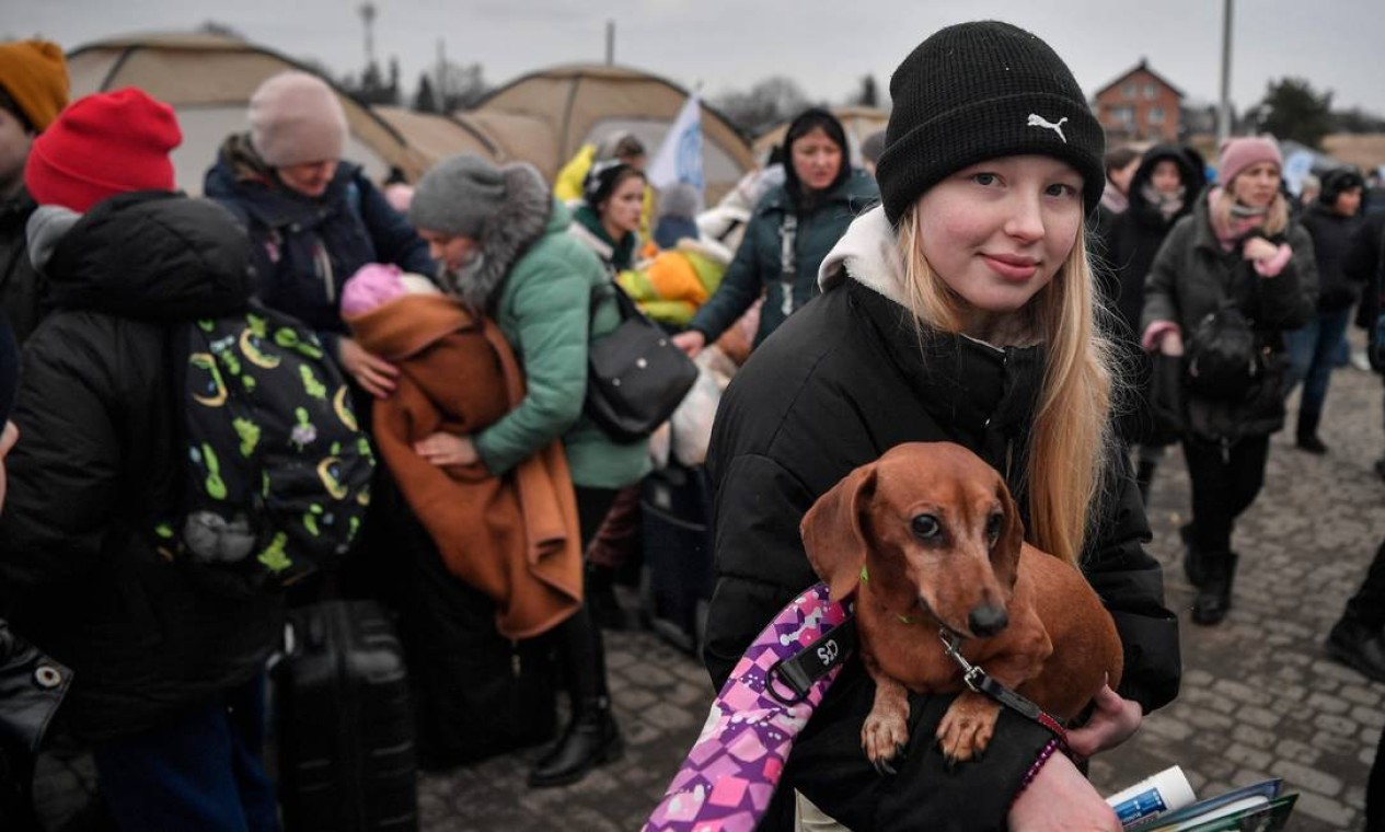 Menina segura seu animal de estimação depois de cruzar a fronteira ucraniana com a Polônia na fronteira em Medyka, sudeste do país Foto: LOUISA GOULIAMAKI / AFP