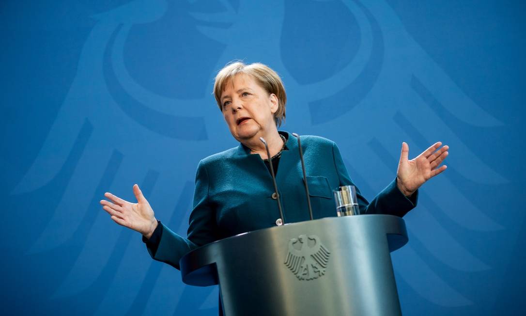 Chanceler da Alemanha, Angela Merkel, em pronunciamento à imprensa sobre a epidemia do novo coronavírus Foto: POOL / via REUTERS