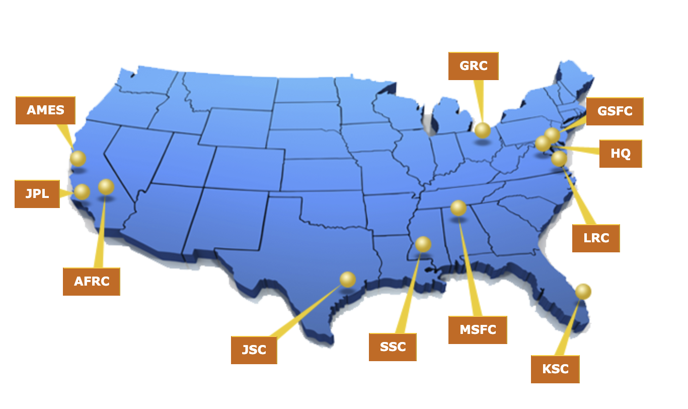 Map of the United States showing NASA Center locations.