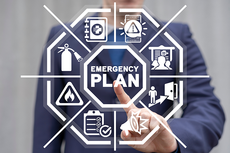  person pointing to emergency plan with circle of components around it