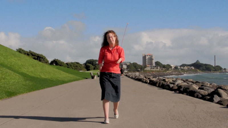 Erica, a woman with arm limb differences wearing a peach blouse and navy skirt, walks confidently down a sidewalk next to water and a bright green hill. There is a city in the distance behind her.