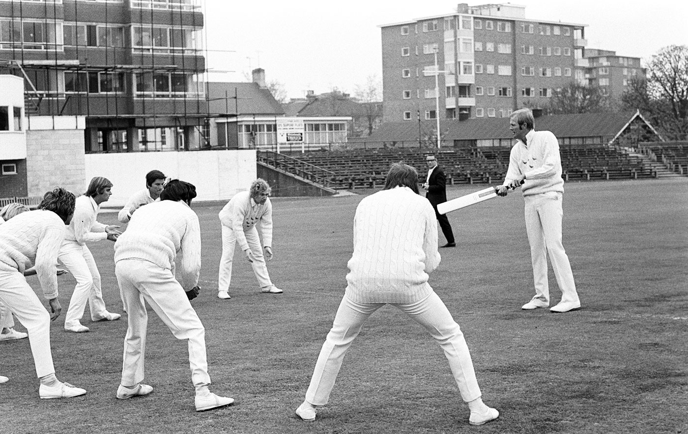 Greig leads a Sussex practice session at the start of the season in 1974
