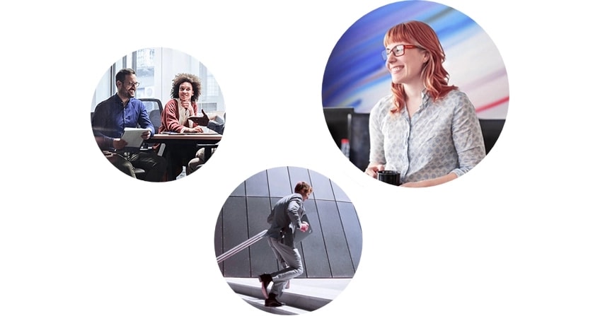 Three circles showing two colleagues in a meeting, a smiling employee holding a coffee cup, and a man running up concrete stairs