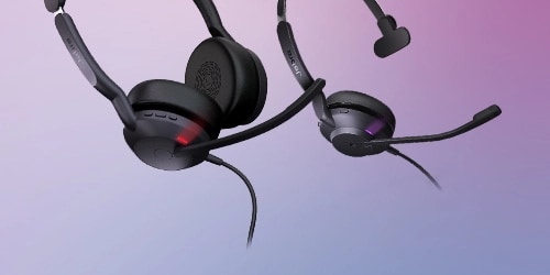  A Jabra Evolve 2 30 and an Evolve 2 50 headset are featured on a background.