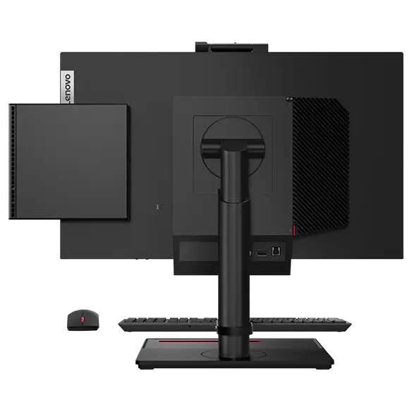 Rear view of a Lenovo monitor, Lenovo Tiny-in-One, and Lenovo ThinkCentre M70q Gen 3 Tiny (Intel)