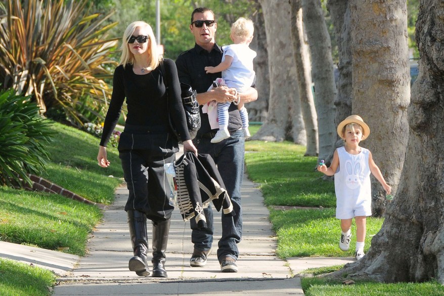 39195, LOS ANGELES, CALIFORNIA - Sunday April 4, 2010. Gwen Stefani and her husband Gavin Rossdale are spotted out and about with their two sons, Kingston and Zuma, on Easter Sunday. Both Kingston and Zuma could be seen wearing matching, overall style Easter outfits. Zuma was carried by dad Gavin while Kingston sucked on a piece of candy and ran around on his own. Photograph: © Hector Vasquez, PacificCoastNews.com **FEE MUST BE AGREED PRIOR TO USAGE** **E-TABLET/IPAD & MOBILE PHONE APP PUBLISHING REQUIRES ADDITIONAL FEES** UK OFFICE:+44 131 557 7760/7761 US OFFICE:1 310 261 9676