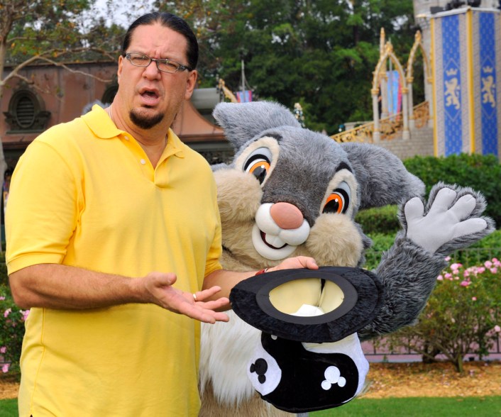 ORLANDO, FL - DECEMBER 13: In this handout photo provided by Disney, Penn Jillette, one-half of the illusionist/comedy duo "Penn and Teller" poses with Thumper, the rabbit from Disney's animated film "Bambi" at the Magic Kingdom on Dec. 13, 2009 in Lake Buena Vista, Florida. (Photo by Garth Vaughan/Disney via Getty Images) *** Local Caption *** Penn Jillette