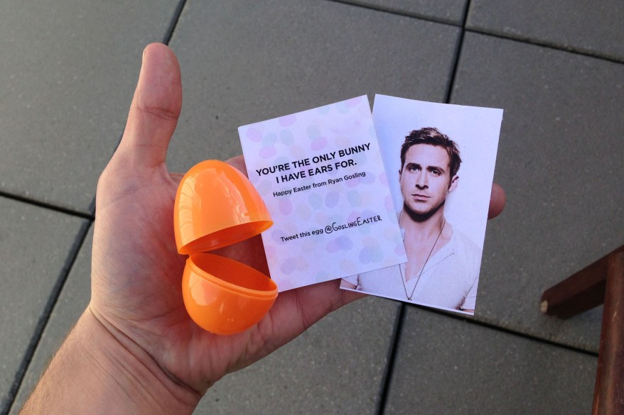 These Ryan Gosling Easter eggs were hidden around the world for a massive Easter egg hunt. The colorful eggs, which contained messages supposedly from the Hollywood heartthrob - were hidden in New York, London and Chicago, and elsewhere. Over 600 of the eggs were stashed away. The Canadian-born 'Drive' actor has nothing to do with the egg-stravaganza - the brainchild of US copywriter, Jenna Livingston, who lives in New York. "He's kind of like the Superman of New York," the 28-year-old told the New York Post. "Everyone freaks out when they see him here. It's a huge deal." Those who found an egg got a photo of the star and one of several messages including: "I only have eggs for you", "I heart you by the dozen," "You're the only bunny I have ears for", or "You're my favorite jelly bean". Others included: "I'm dipping myself in chocolate for you" and "You make me happier than a whole row of marshmallow chicks." It is the second annual Gosling egg hunt. Clues for where the eggs could be found were tweeted from @GoslingEaster. Pictured: The Ryan Gosling easter eggs Ref: SPL518475 010413 Picture by: Splash News/Jenna Livingston Splash News and Pictures Los Angeles: 310-821-2666 New York: 212-619-2666 London: 870-934-2666 photodesk@splashnews.com Splash News and Picture Agency does not claim any Copyright or License in the attached material. Any downloading fees charged by Splash are for Splash's services only, and do not, nor are they intended to, convey to the user any Copyright or License in the material. By publishing this material , the user expressly agrees to indemnify and to hold Splash harmless from any claims, demands, or causes of action arising out of or connected in any way with user's publication of the material.