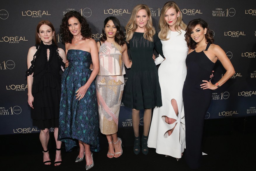 Julianne Moore, Andie MacDowell, Freida Pinto, Aimee Mullins, Karlie Kloss and Eva Longoria attend the L'Oreal Paris Women of Worth 2015 celebration on Tuesday in New York.