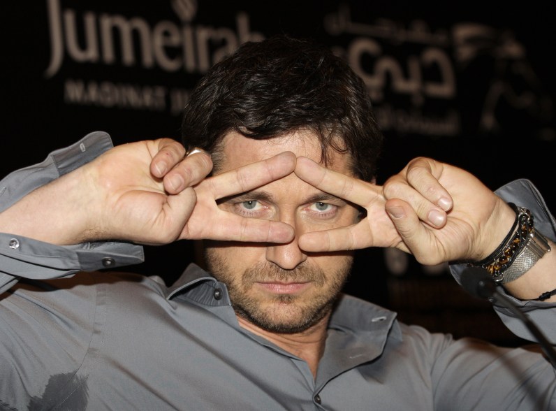 Scottish actor Gerard Butler gestures as