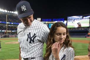 BRONX, NY - AUGUST 12th: New York Yankees Alex Rodriguez leaves the field with his daughters Natasha and Ella after playing his last professional game as a New York Yankee. August 12th, 2016 in the Bronx borough of New York City. (Photo by Anthony Causi)