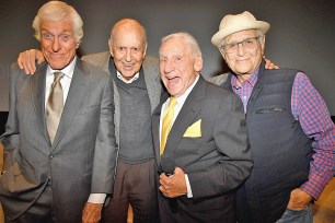 BEVERLY HILLS, CA - MAY 17: (L-R) Dick Van Dyke, Carl Reiner, Mel Brooks and Norman Lear at the LA Premiere of "If You're Not In The Obit, Eat Breakfast" from HBO Documentaries on May 17, 2017 in Beverly Hills, California. (Photo by Jeff Kravitz/FilmMagic)