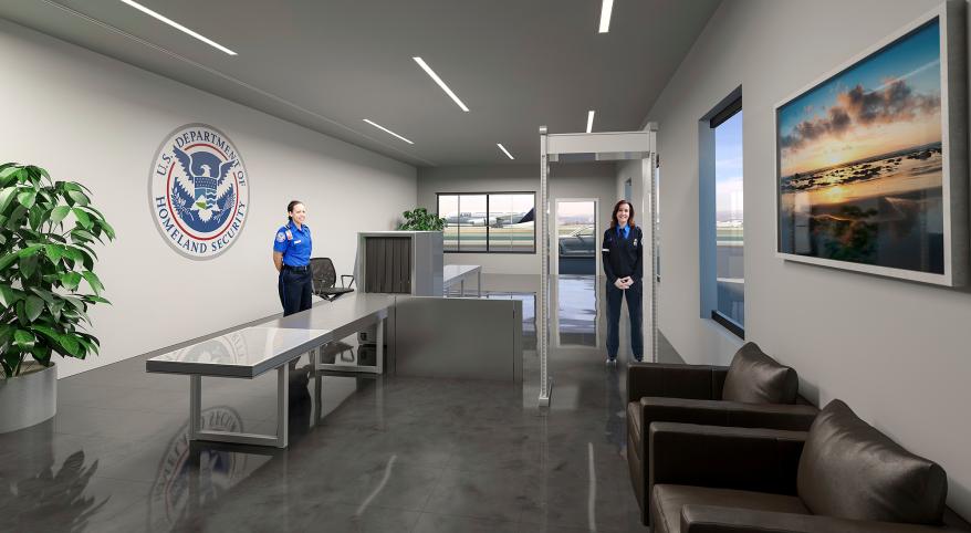 This undated artist rendering provided by The Private Suite at LAX shows a private Transportation Security Administration portal at a new $22-million facility catering to celebrities and others who want to pay a premium for privacy as they depart from or arrive at Los Angeles International Airport. The facility called the Private Suite opened Monday, May 15, 2017, and offers an exclusive entrance, one-on-one security screening and plush lounges. (The Private Suite at LAX via AP)