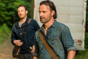 Andrew Lincoln as Rick Grimes, Ross Marquand as Aaron - The Walking Dead _ Season 7, Episode 7 - Photo Credit: Gene Page/AMC